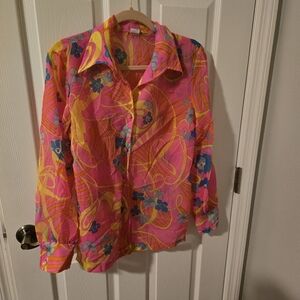 Vintage 70s Hot Pink & Yellow Floral Long Sleeve Blouse